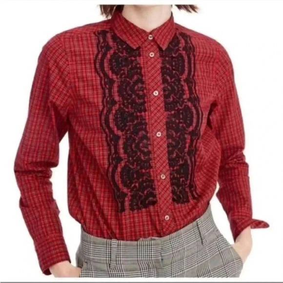 J. Crew Women’s Red Gali Embellished Plaid Shirt Button Down Shirt Blouse Size 2 - Picture 1 of 7